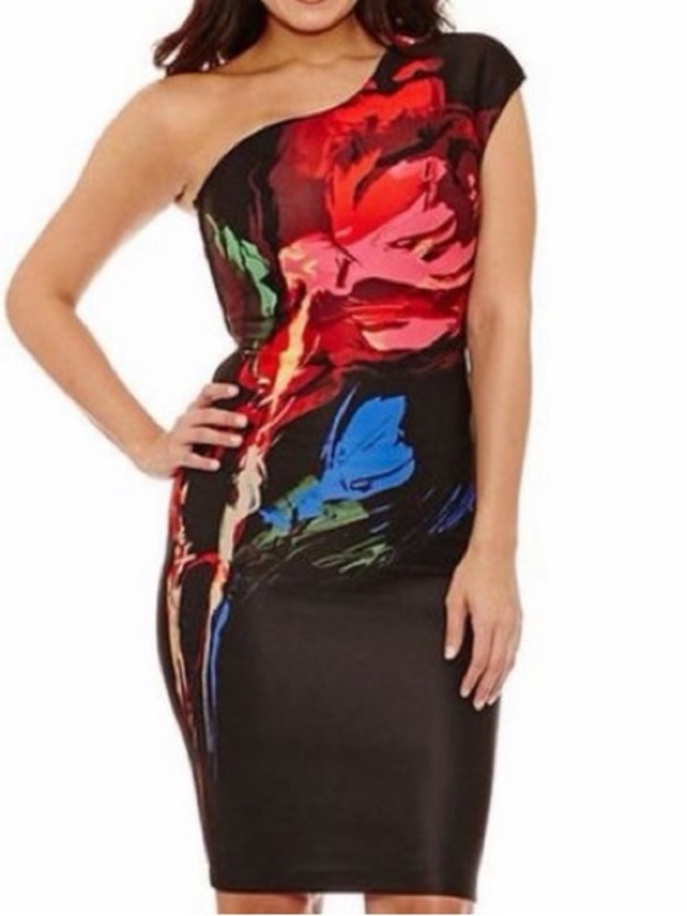 Bisou Bisou One-Shoulder Black Floral Bodycon Dress